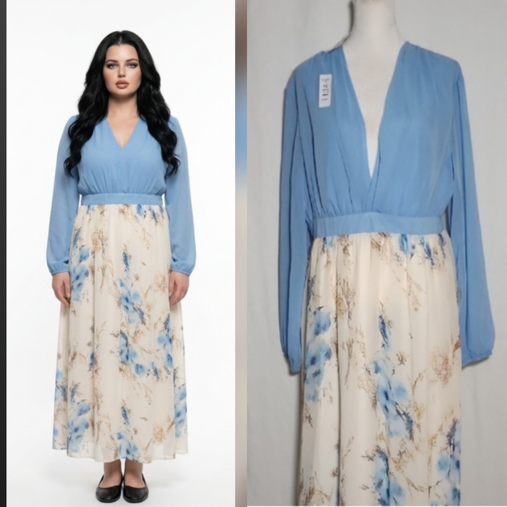 Chic Blue and Cream Floral Dress